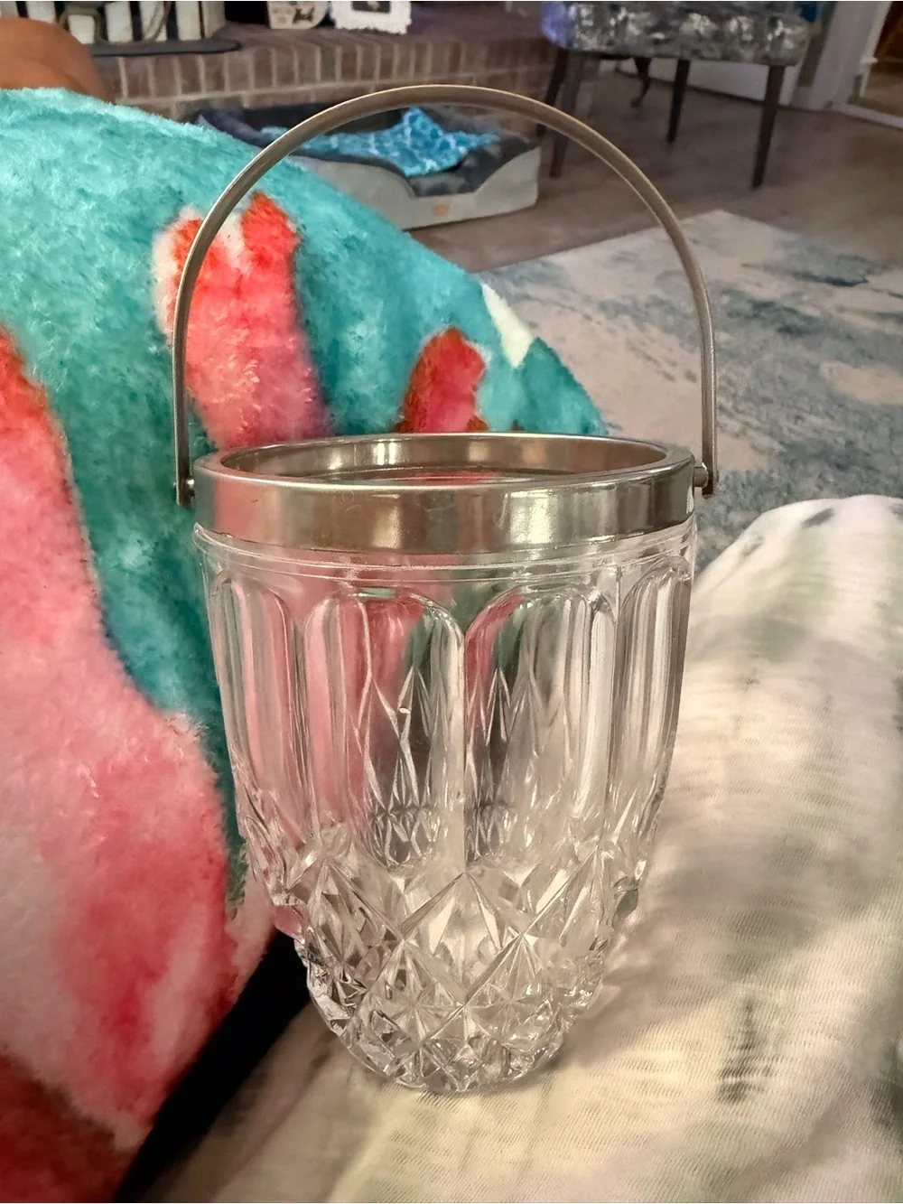 Clear Faceted Glass Ice Bucket with Silver Handle